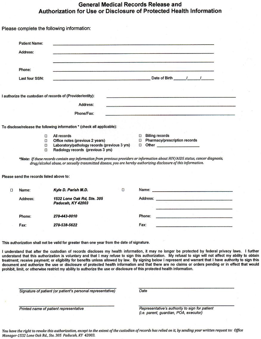 sample medical records release forms